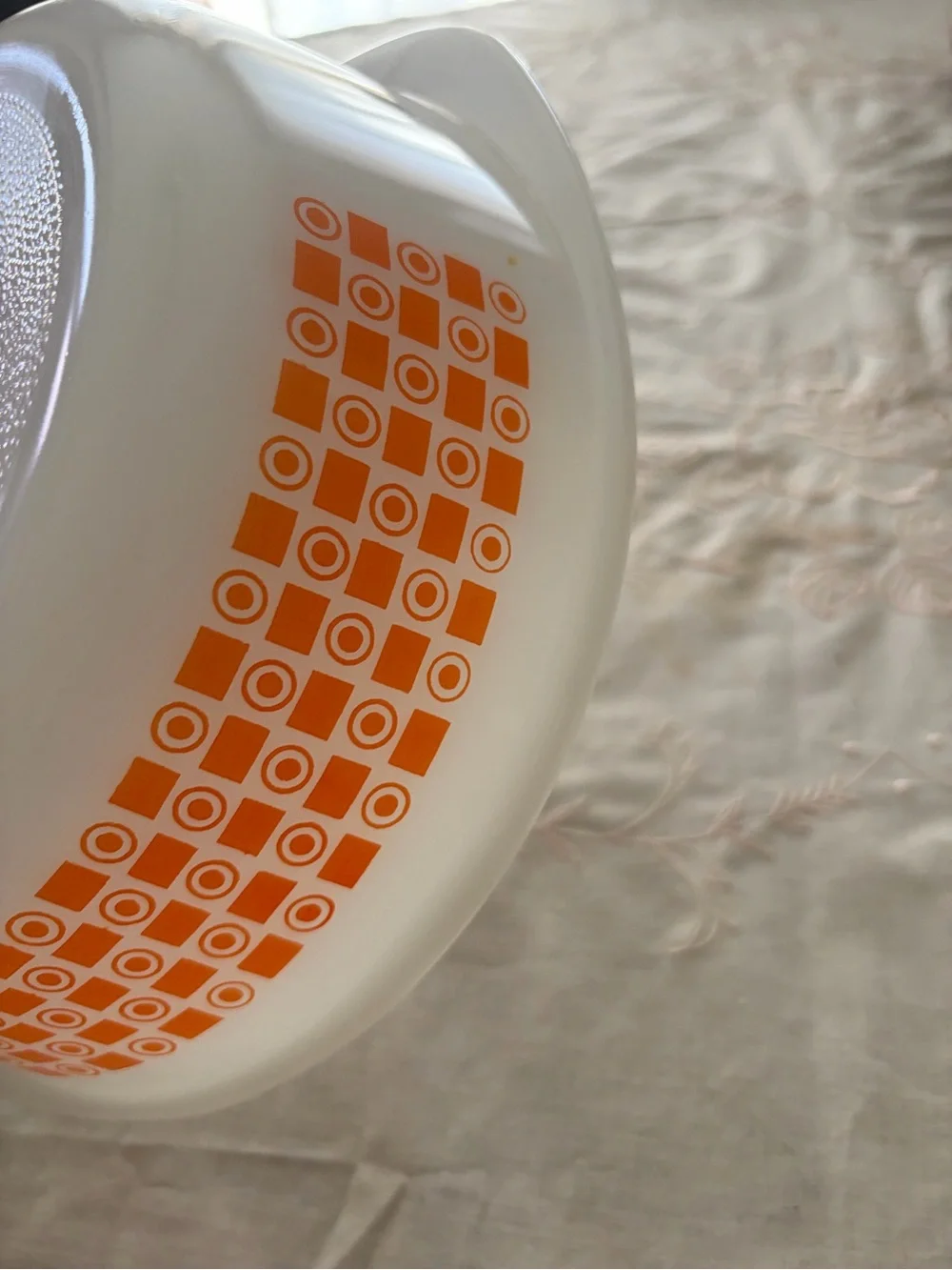 Glassbake White Casserole and Mixing Bowl Set with Orange Geometric Pattern